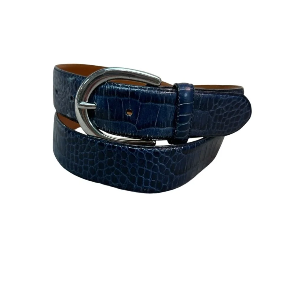 Lauren Ralph Lauren Navy Blue Croc Embossed Italian Leather Belt XL 1211412